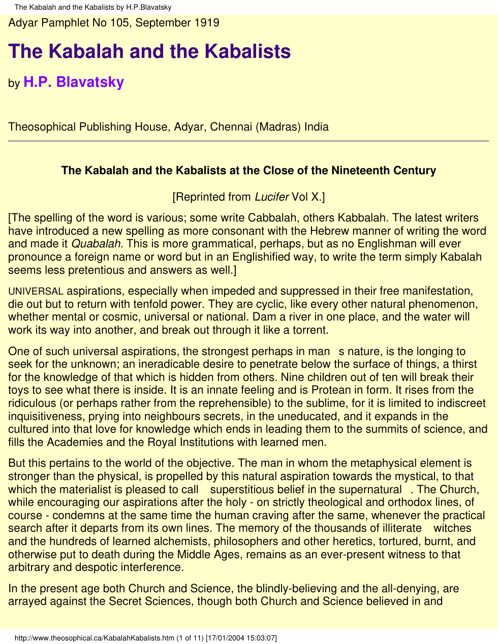 H P Blavatsky - The Kabalah & the Kabalists cover
