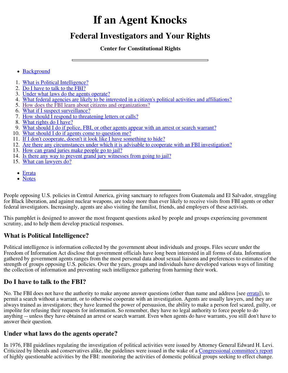 FBI- If An Agent Knocks, your rights 6 pages cover