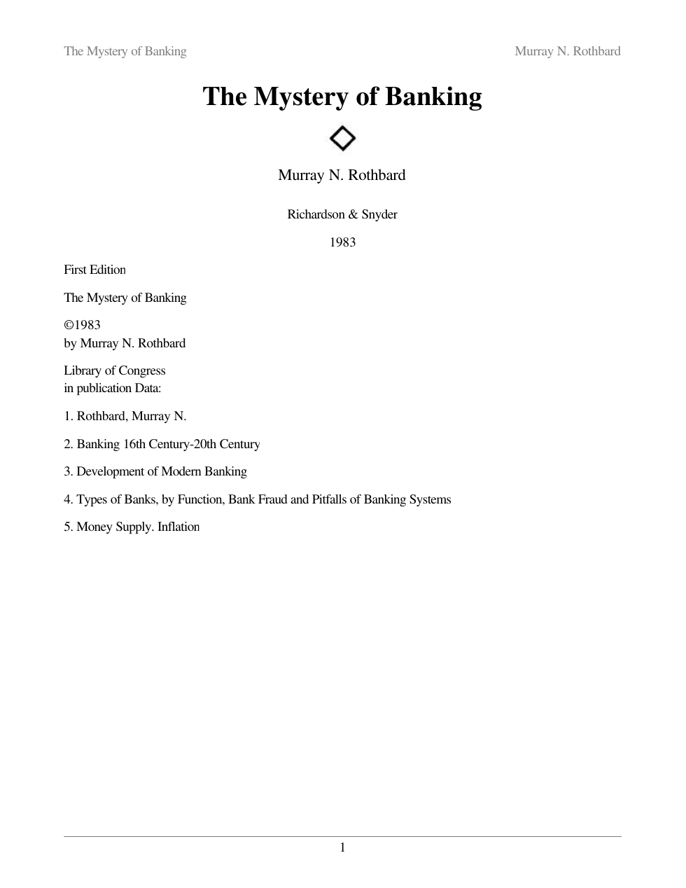 Rothbard, Murray - The Mystery Of Banking (1983) cover