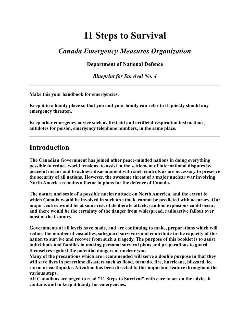 Canada Emergency Measurses Organization - 11 Steps To Survival cover