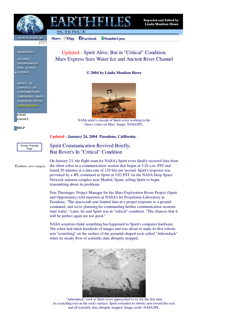 01 24 2004 Updated - Spirit Alive, But in Critical Condition. Mars Express Sees Water Ice and Ancient River Channel cover