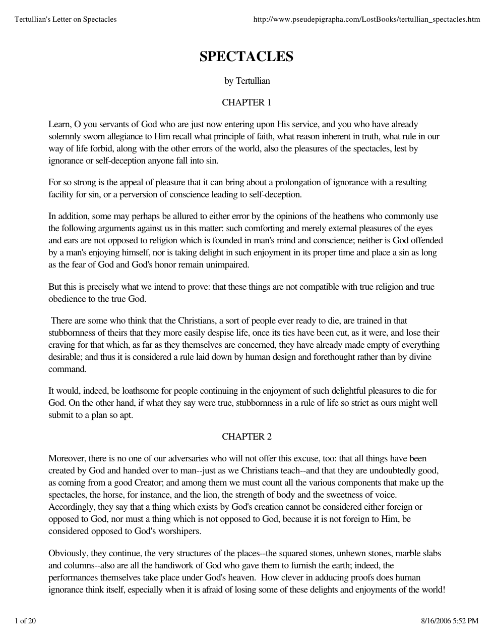 Tertullian's Letter on Spectacles cover