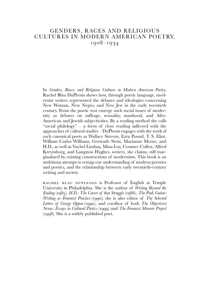 Genders, Races, and Religious Cultures in Modern American Poetry, 1908-1934 cover