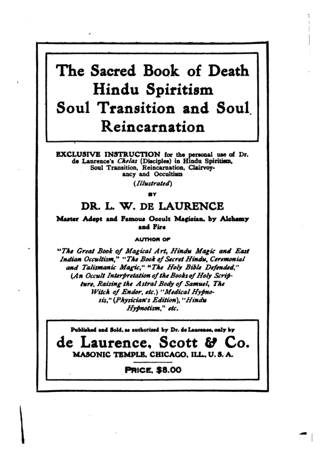 L. W de Laurence - The Sacred Book of Death. Hindu Spiritism. Soul Transition and Soul Reincarnation cover