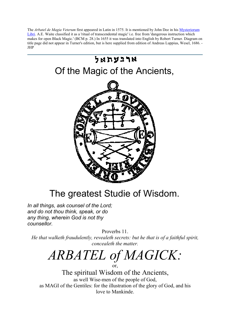 Arbatel Of Magic Or The Spiritual Wisdom Of The Ancients cover