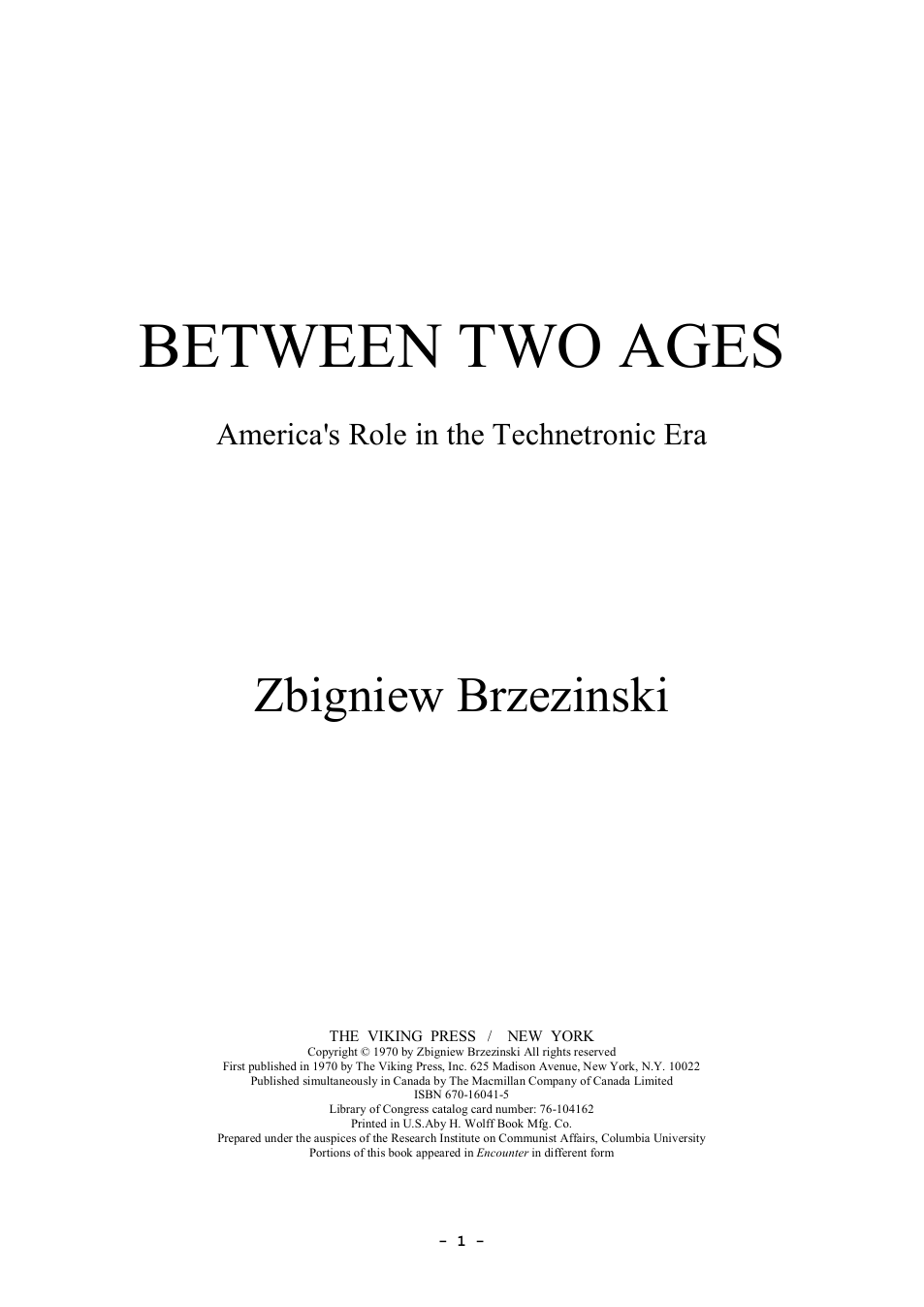 Brzezinski, Zbigniew - Between Two Ages cover