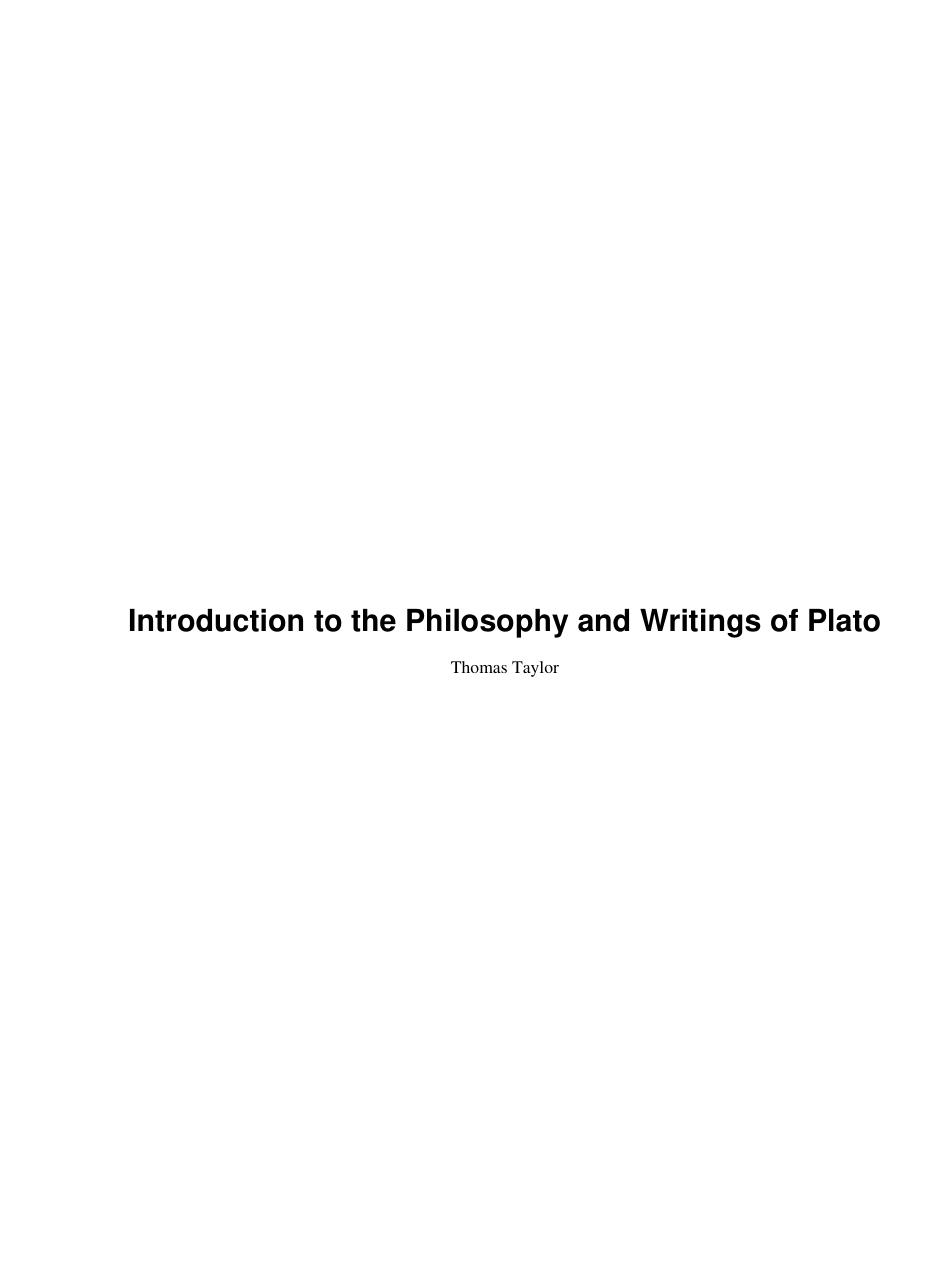 Thomas Taylor - Introduction To The Philosophy And Writings Of Plato cover