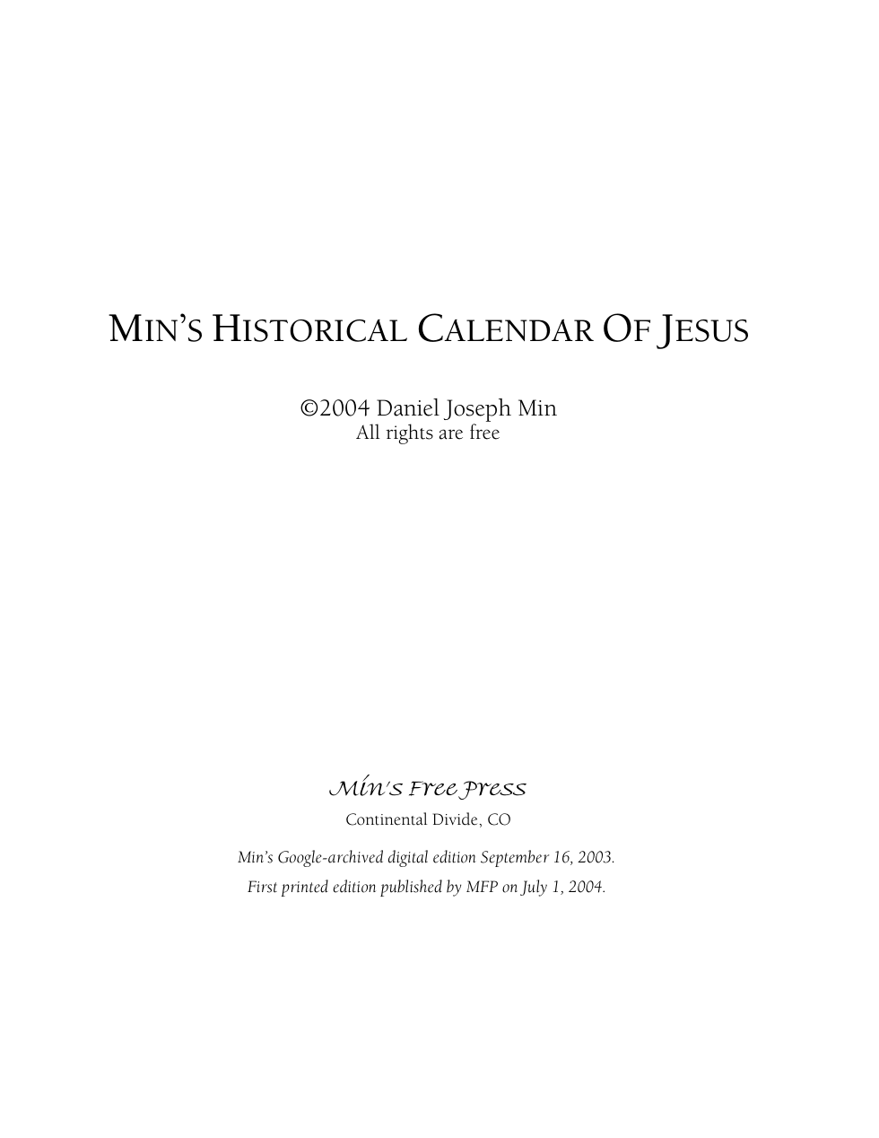 Min's Historical Calendar Of Jesus cover