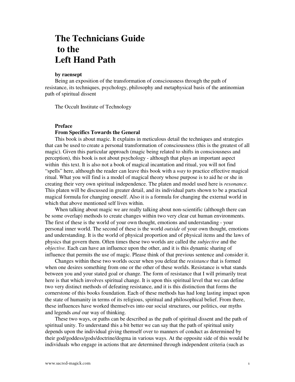 Raensept - Technicians Guide to the Left Hand Path cover