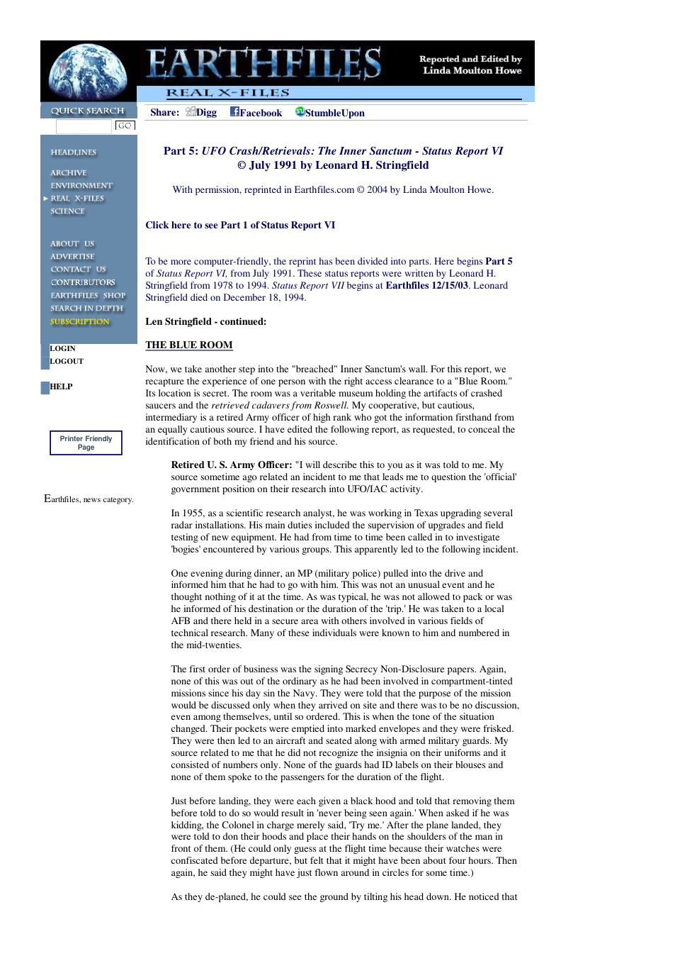 03 14 2004 Part 5 UFO Crash Retrievals The Inner Sanctum - Status Report VI July 1991 by Leonard H. Stringfield cover