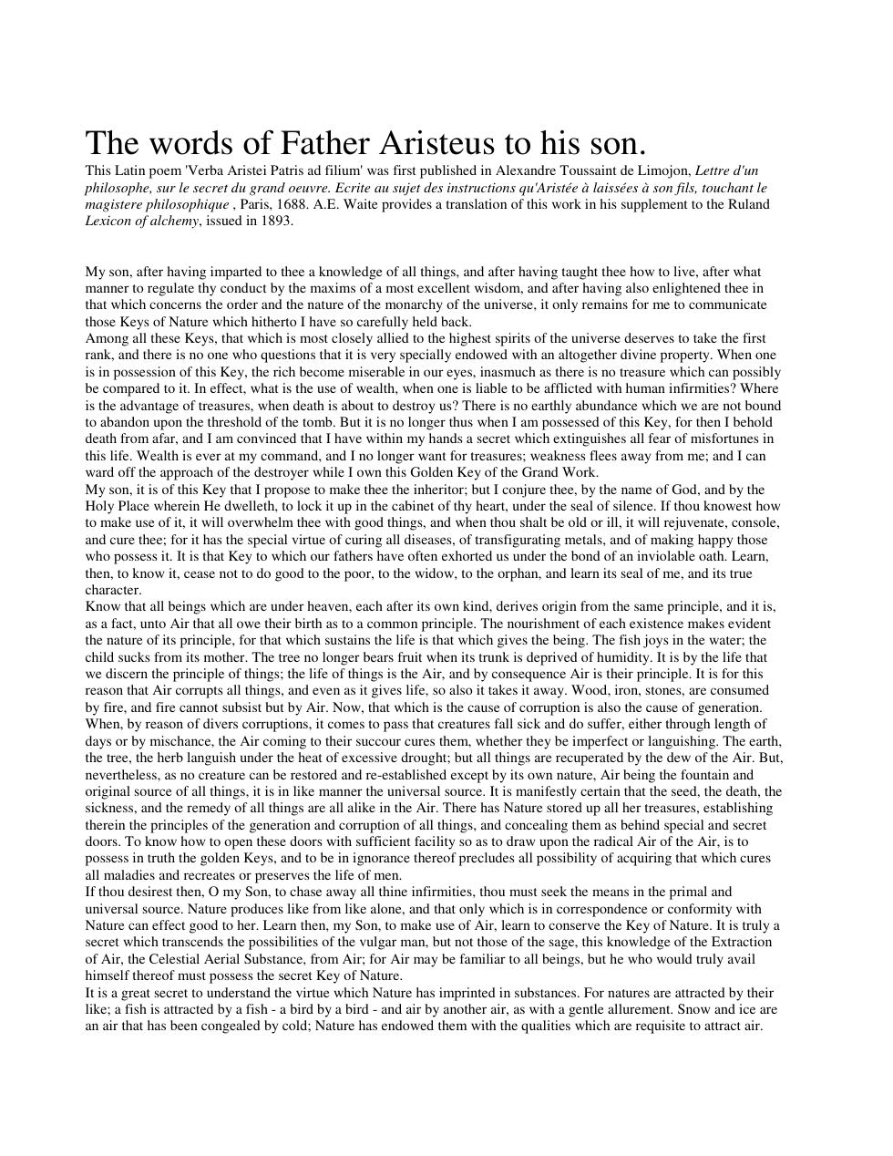 Words of Father Aristeus to His Son cover