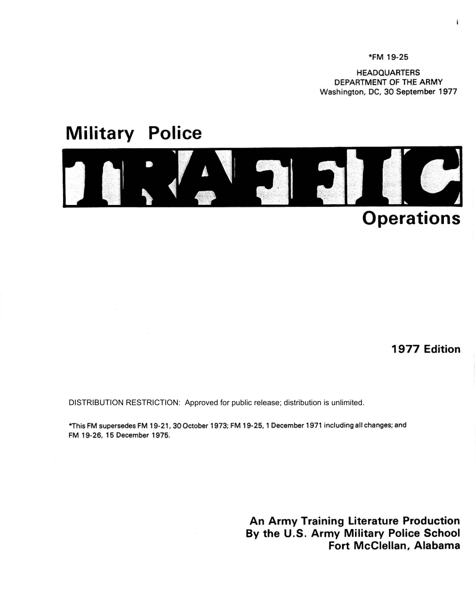 ARMY MP Traffic Operations 1977 245 pages cover