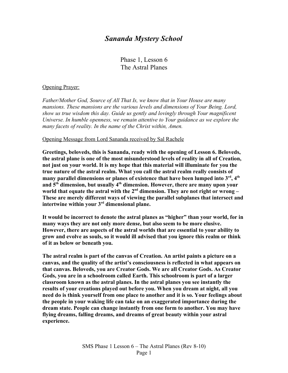 SMS Phase 1 Lesson 6 - The Astral Planes cover
