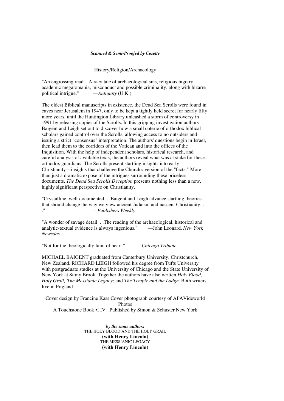 Dead Sea Scrolls Deception - M Baigent - R Leigh cover