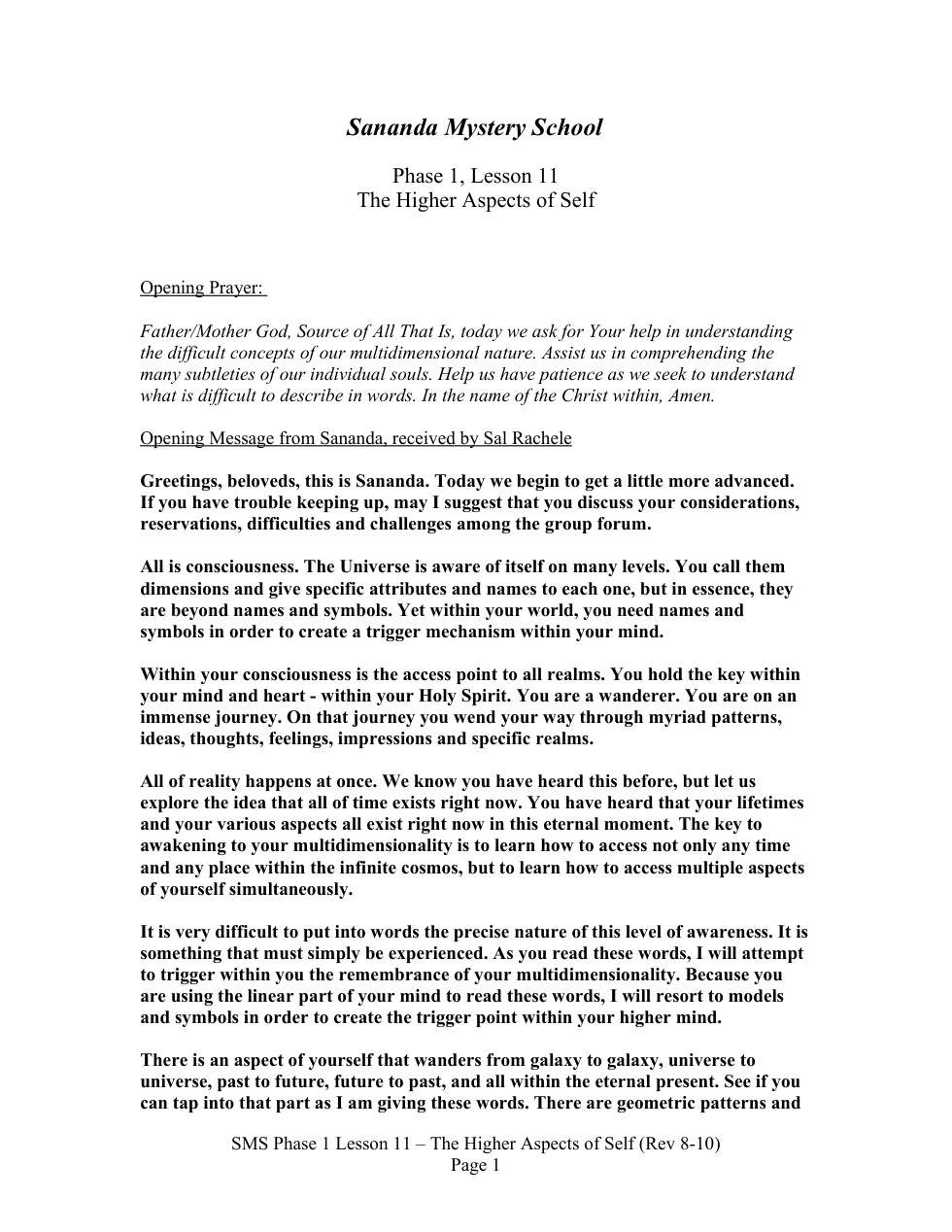 SMS Phase 1 Lesson 11 - The Higher Aspects of Self cover