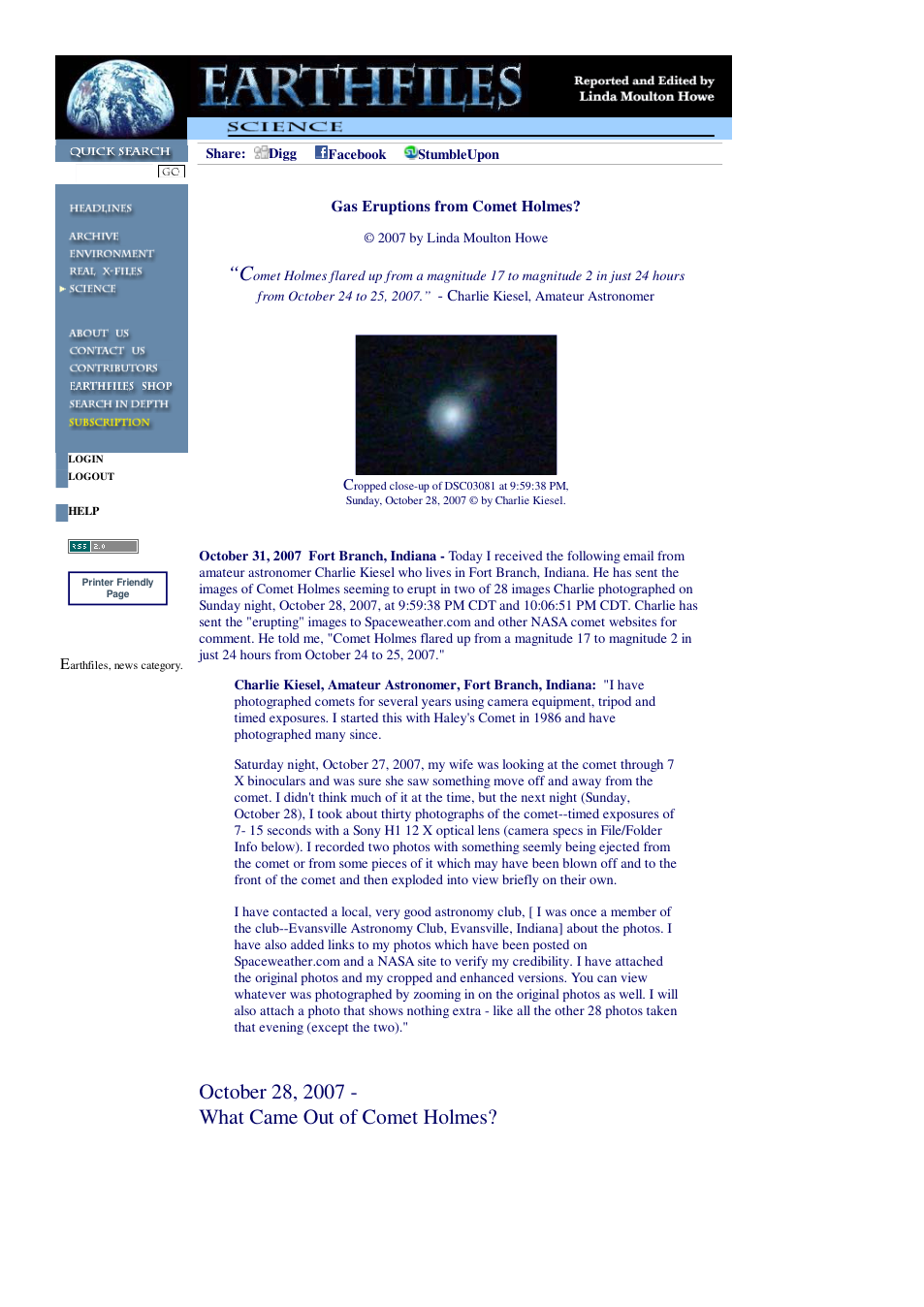 11 01 2007 Gas Eruptions from Comet Holmes cover