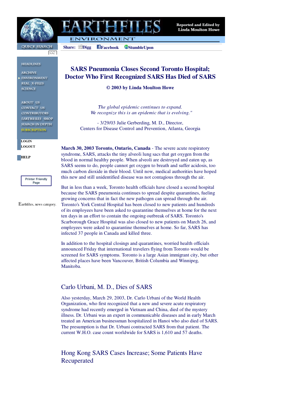 03 30 2003 SARS Pneumonia Closes Second Toronto Hospital; Doctor Who First Recognized SARS Has Died of SARS cover