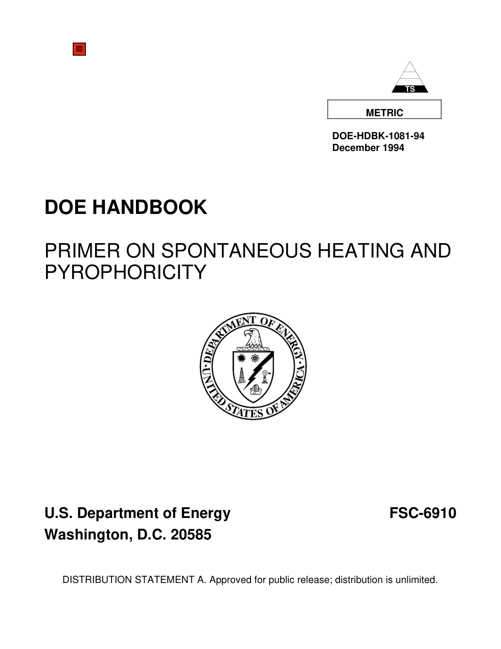 USDOE Fire - Primer on Spontaneous Heating and Pyrophoricity cover