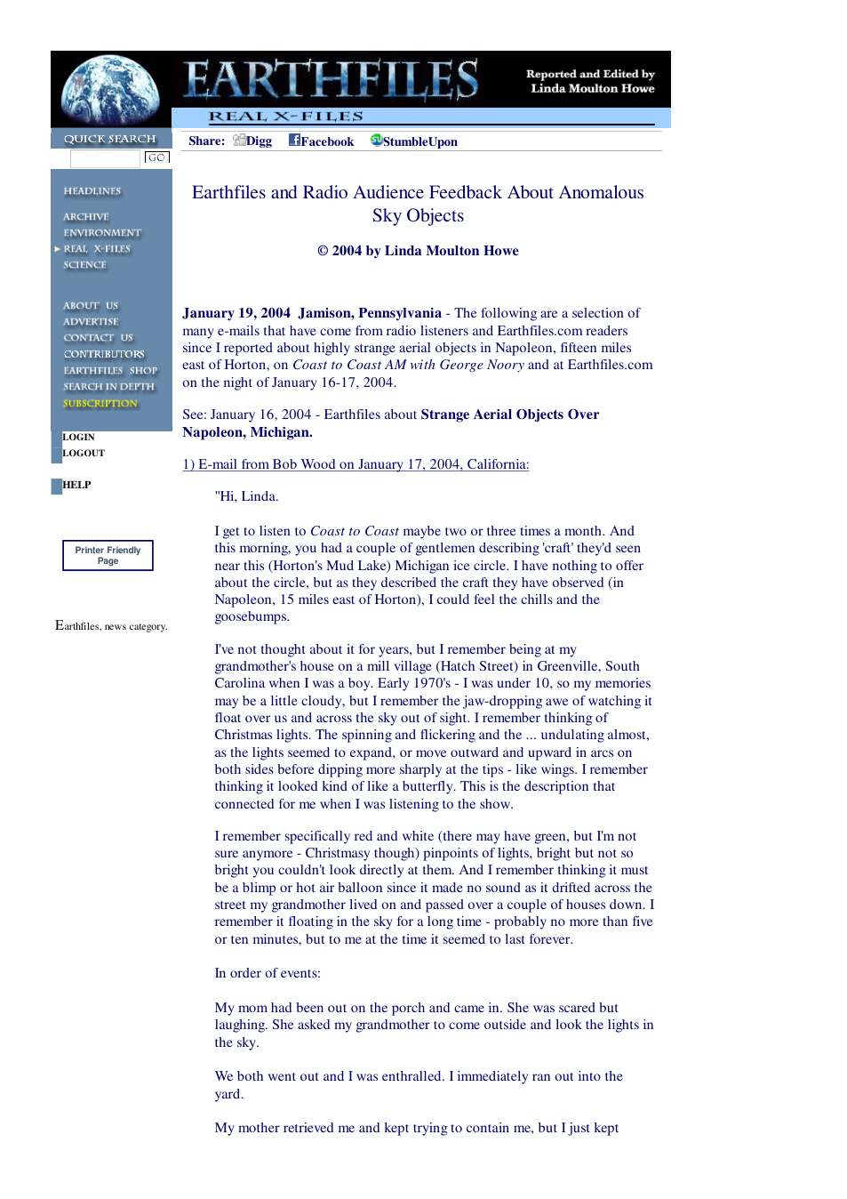 01 19 2004 Earthfiles and Radio Audience Feedback About Anomalous Sky Objects cover