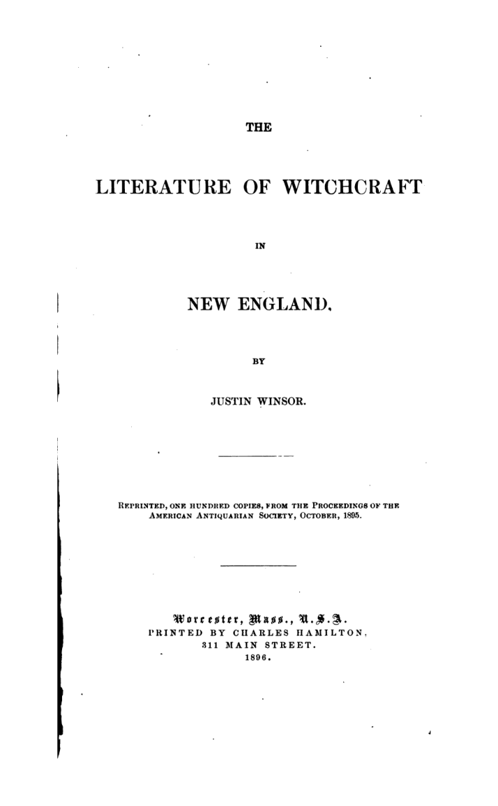 The Literature Of Witchcraft In New England(1896) cover