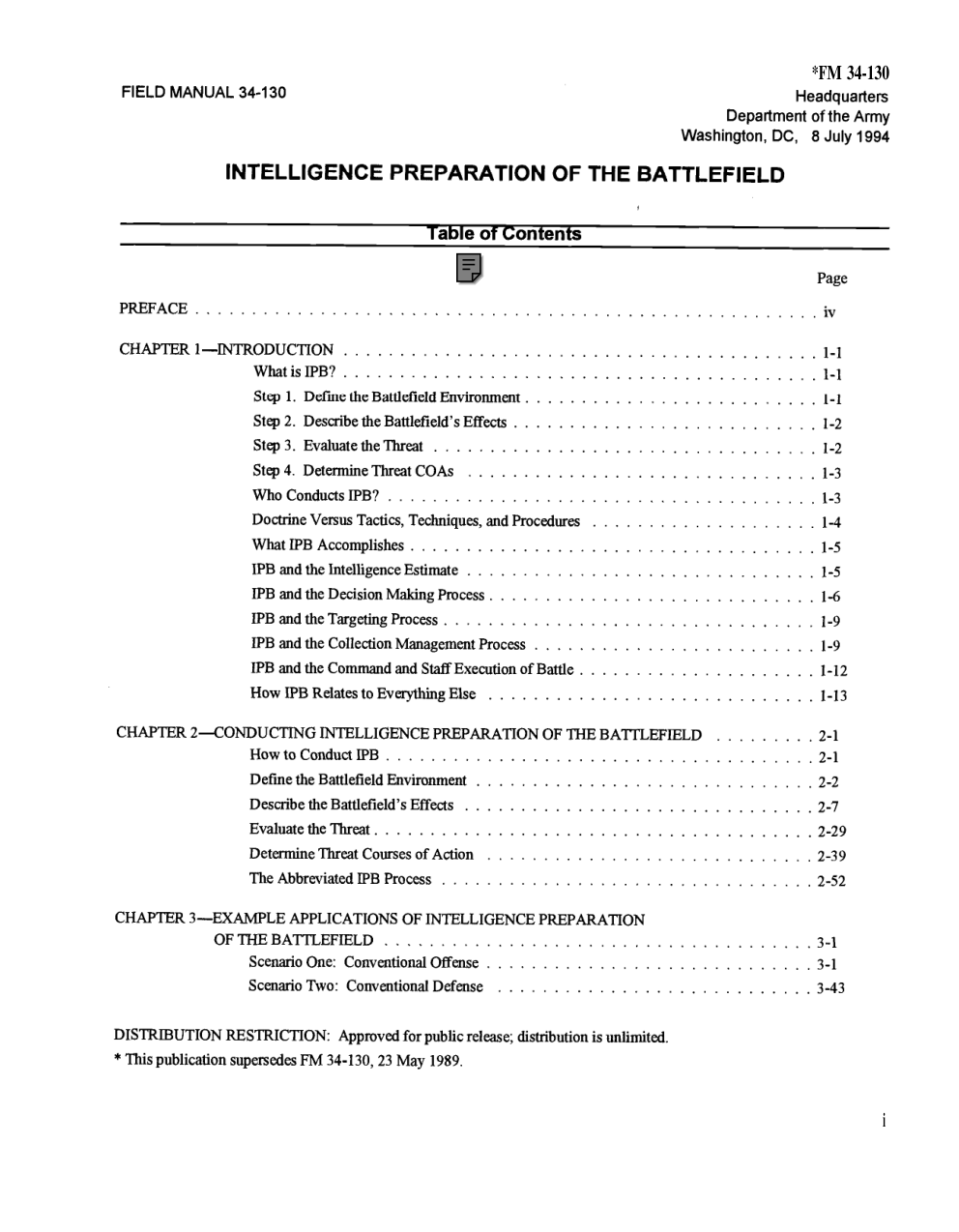 ARMY Intel. Preparation Of The Battlefield 1995 279 pages cover