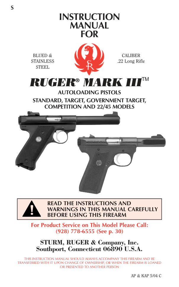 Ruger Mark III Autoloading Pistol Manual 44 pages cover
