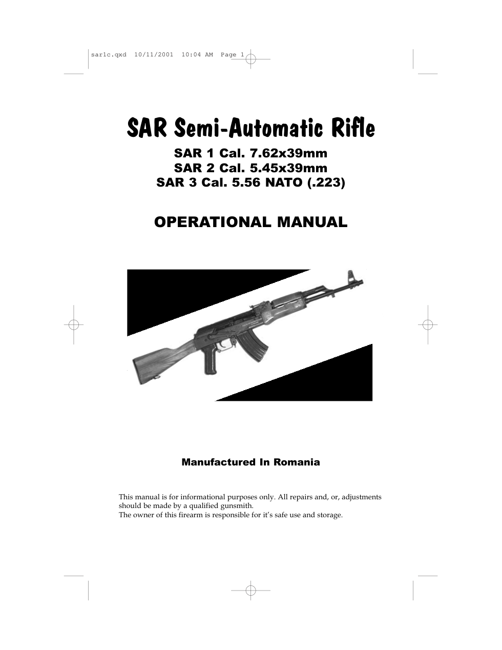 SAR Romanian Semi Automatic Rifle Manual 2001 12 pages cover