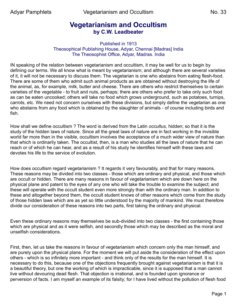 Vegetarianism And Occultism - C.W. Leadbeater cover