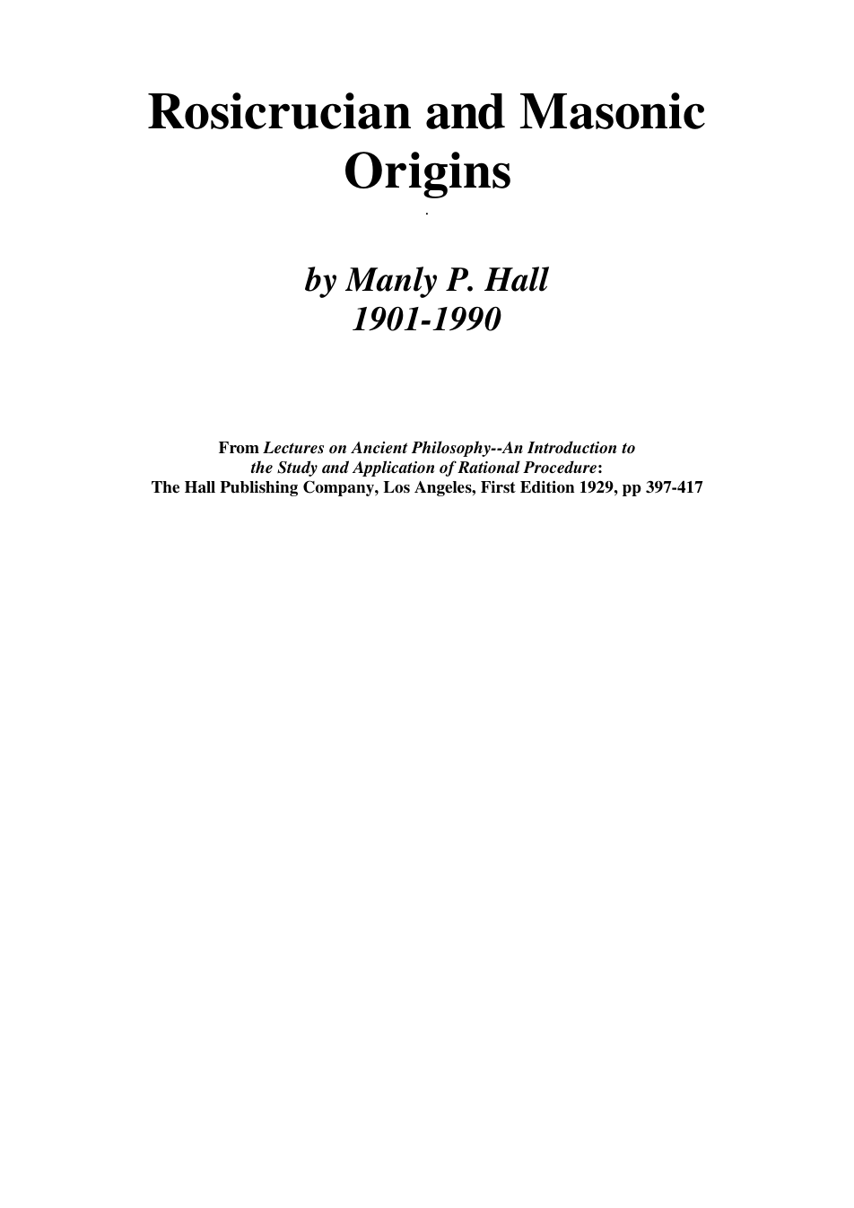 Rosicrucian and Masonic Origins - Manly P Hall cover