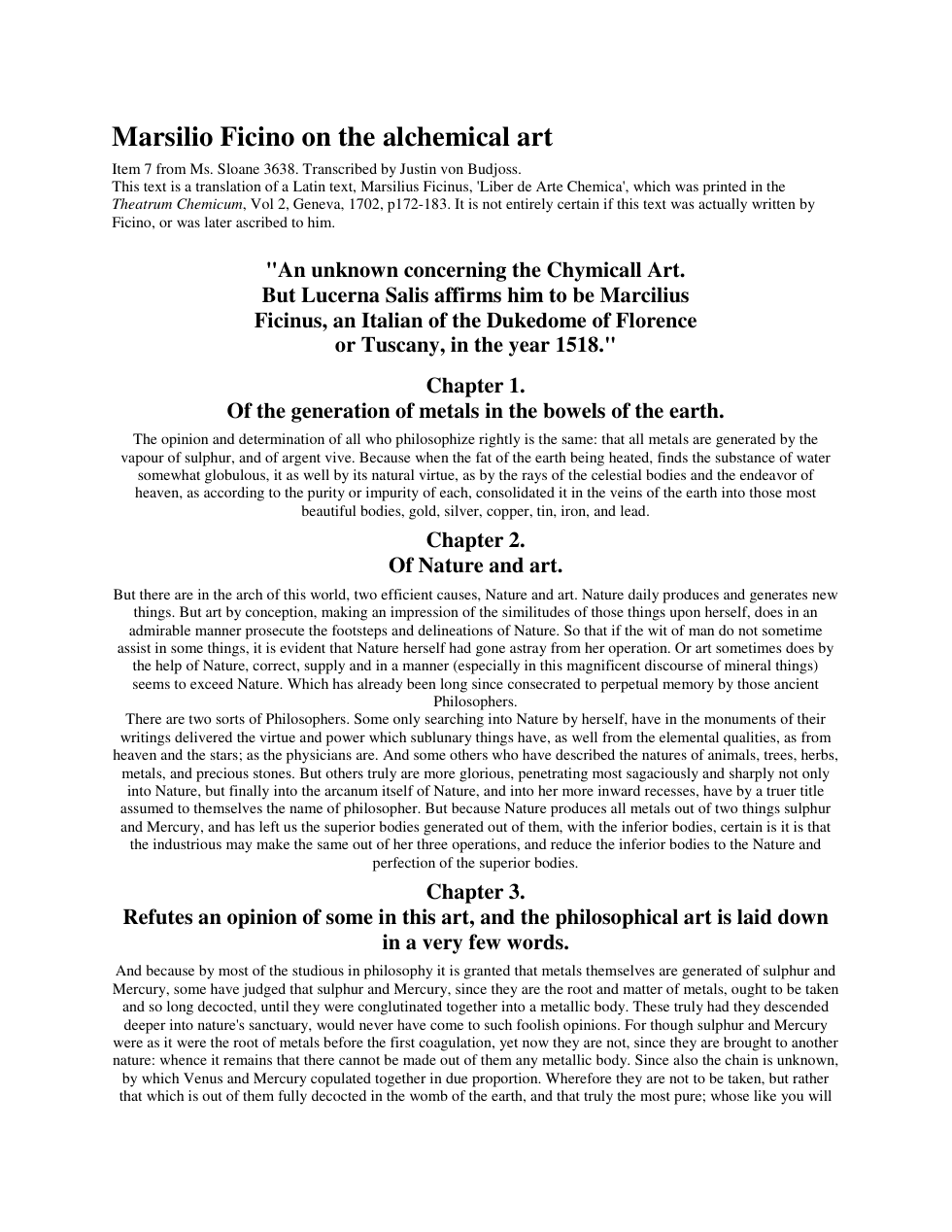 Marsilio Ficino on the alchemical art cover