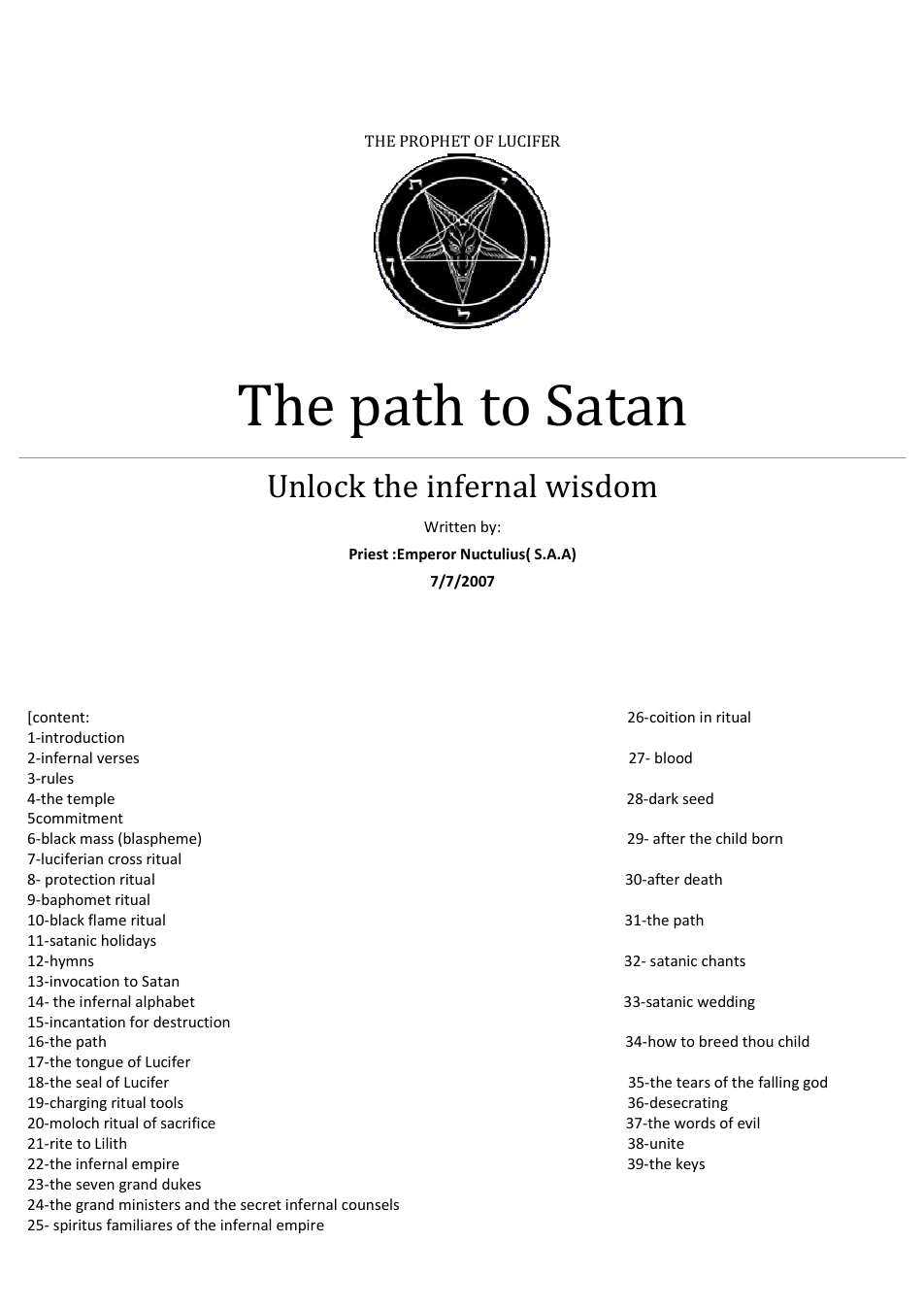 Emperor Nuctulius( S.A.A) - The Path to Satan cover