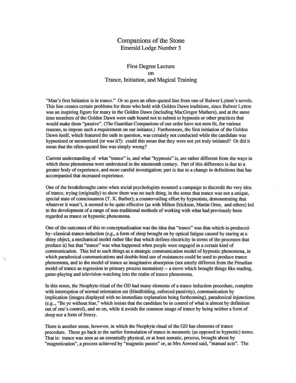 First Degree Lecture on Trance - Initiation - Magical Training cover
