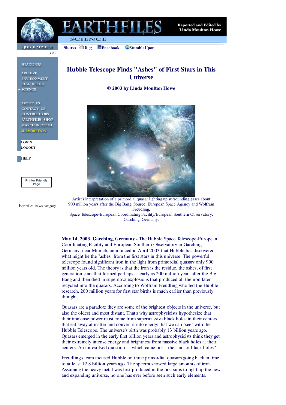 05 14 2003 Hubble Telescope Finds Ashes of First Stars in This Universe cover