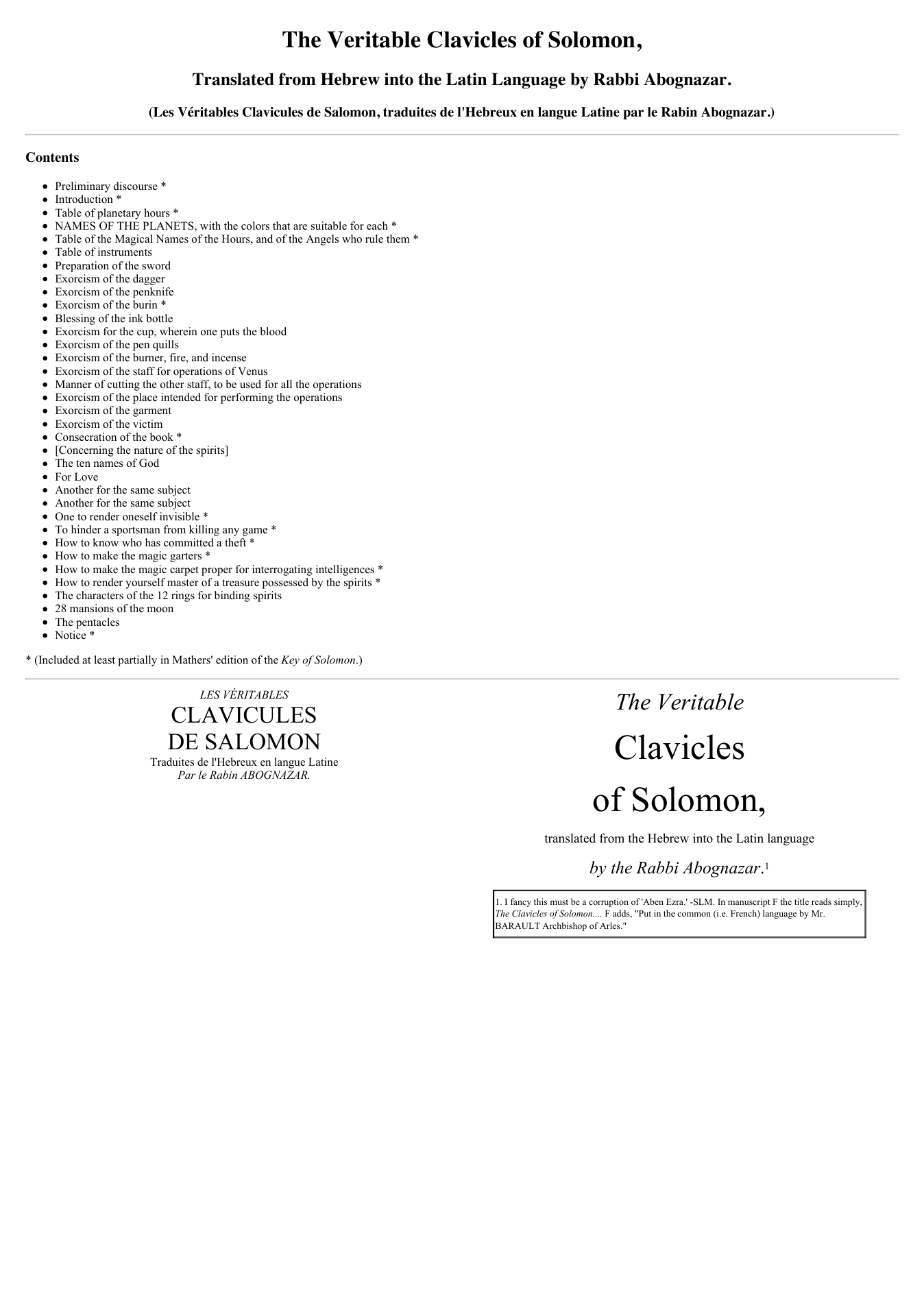 The Veritable Clavicles of Solomon, Les Veritables Clavicules de Salomon, Abognazar, excerpts cover