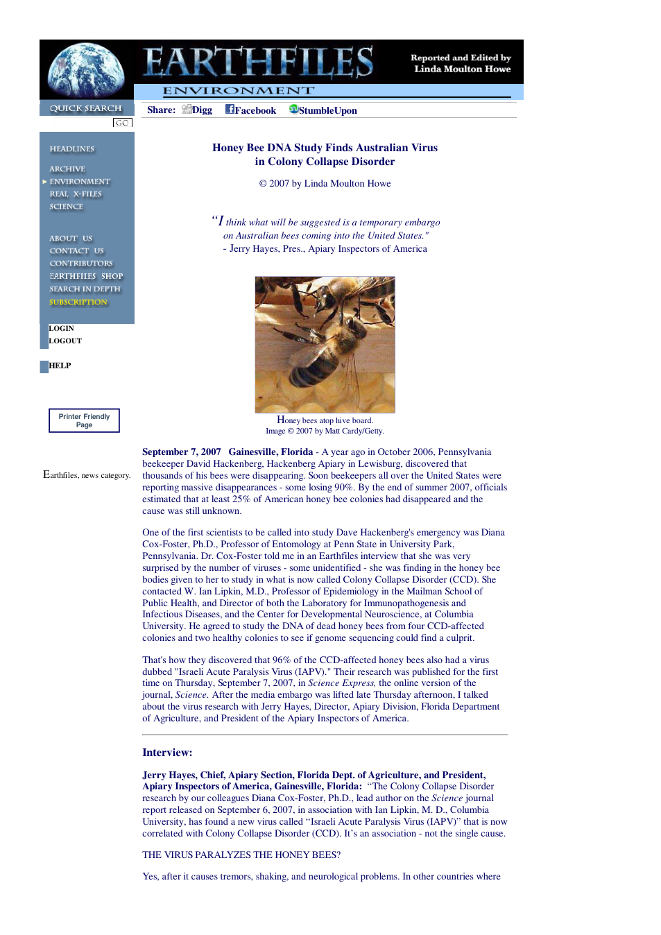 09 07 2007 Honey Bee DNA Study Finds Australian Virus in Colony Collapse Disorder cover