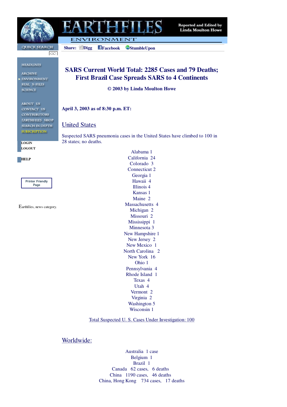 04 03 2003 SARS Current World Total 2285 Cases and 79 Deaths; First Brazil Case Brings SARS Spread to 4 Continents cover