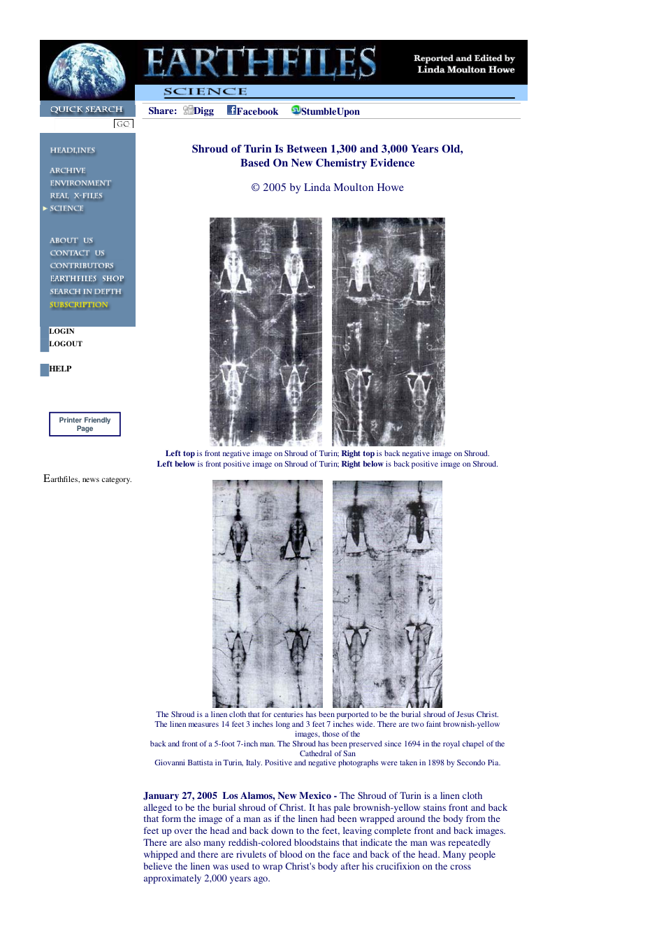 01 27 2005 Shroud of Turin Is Between 1,300 and 3,000 Years Old, Based On New Chemistry Evidence cover