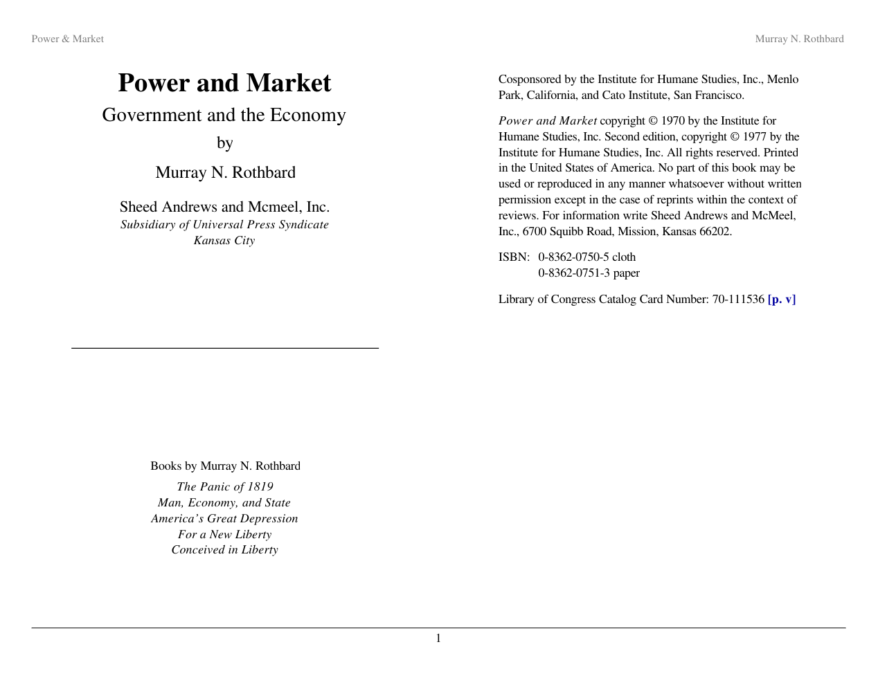 Rothbard, Murray - Power And Market - Government And The Economy (1970) cover