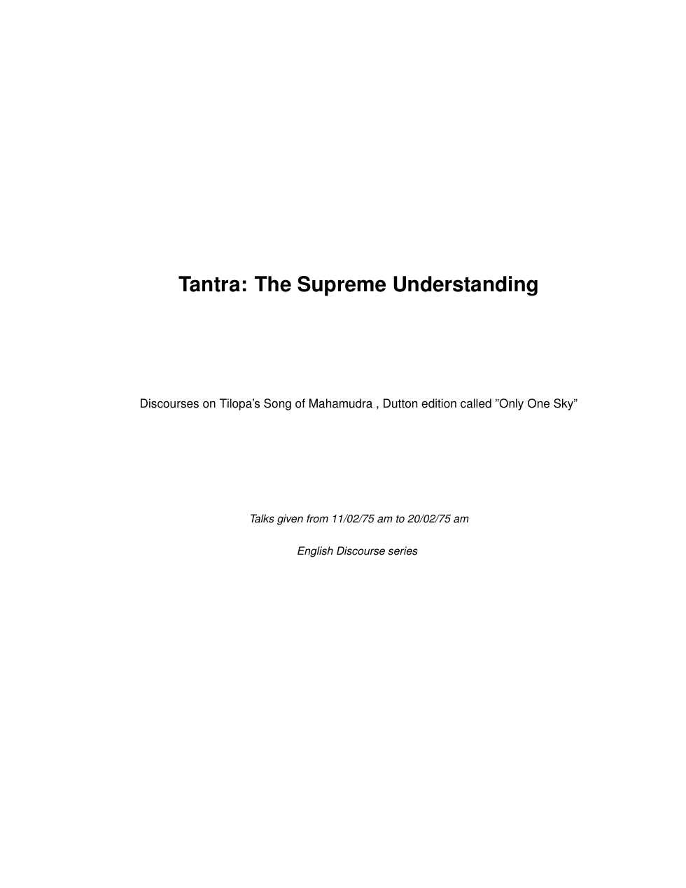 Tantra. The Supreme Understanding cover