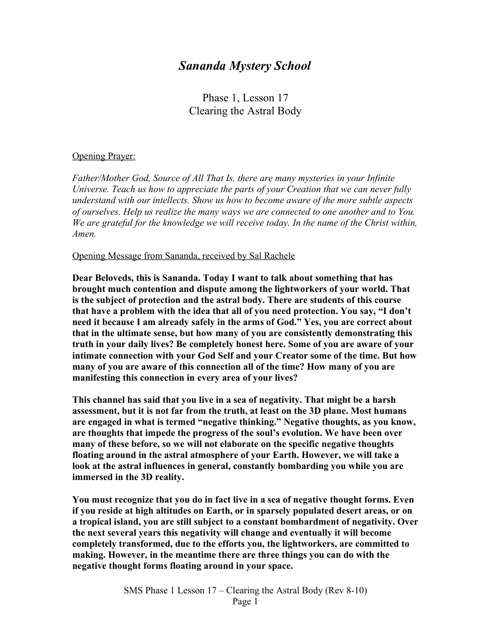 SMS Phase 1 Lesson 17 - Clearing the Astral Body cover