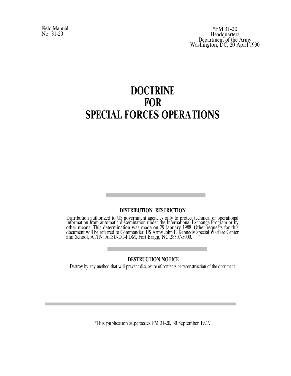 FM 31-20 Doctrine for Special Forces Operations cover