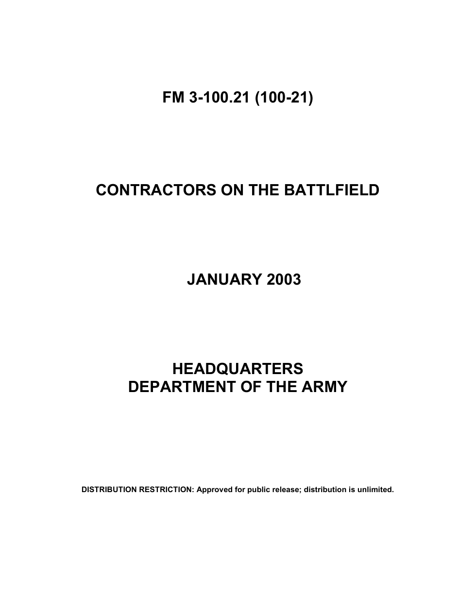 ARMY Contractors on the Battlefield 2003, 124p. cover