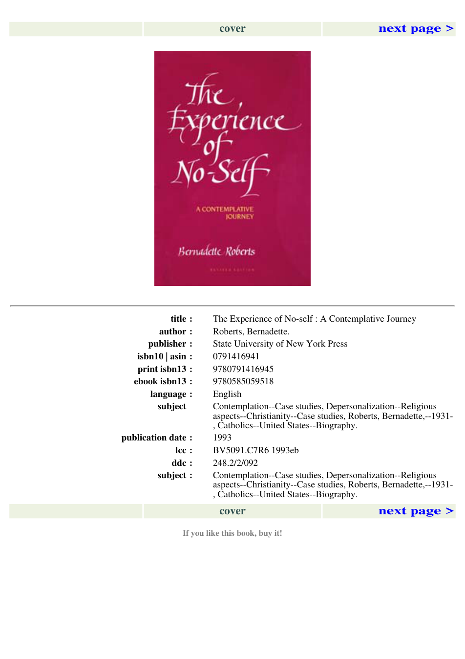 Bernadette Roberts - The Experience of No-Self, A Contemplative Journey cover