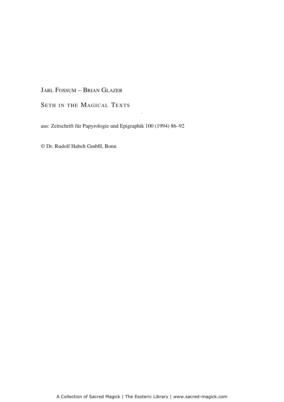 Jarl Fossum - Seth in the Magickal Texts cover
