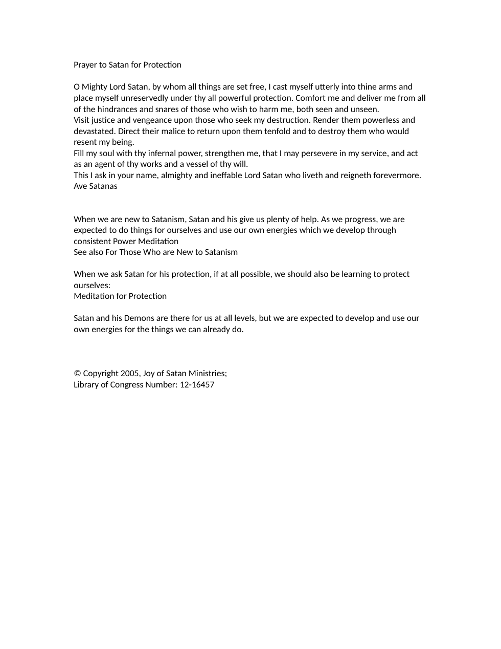 Prayer to Satan for Protection cover