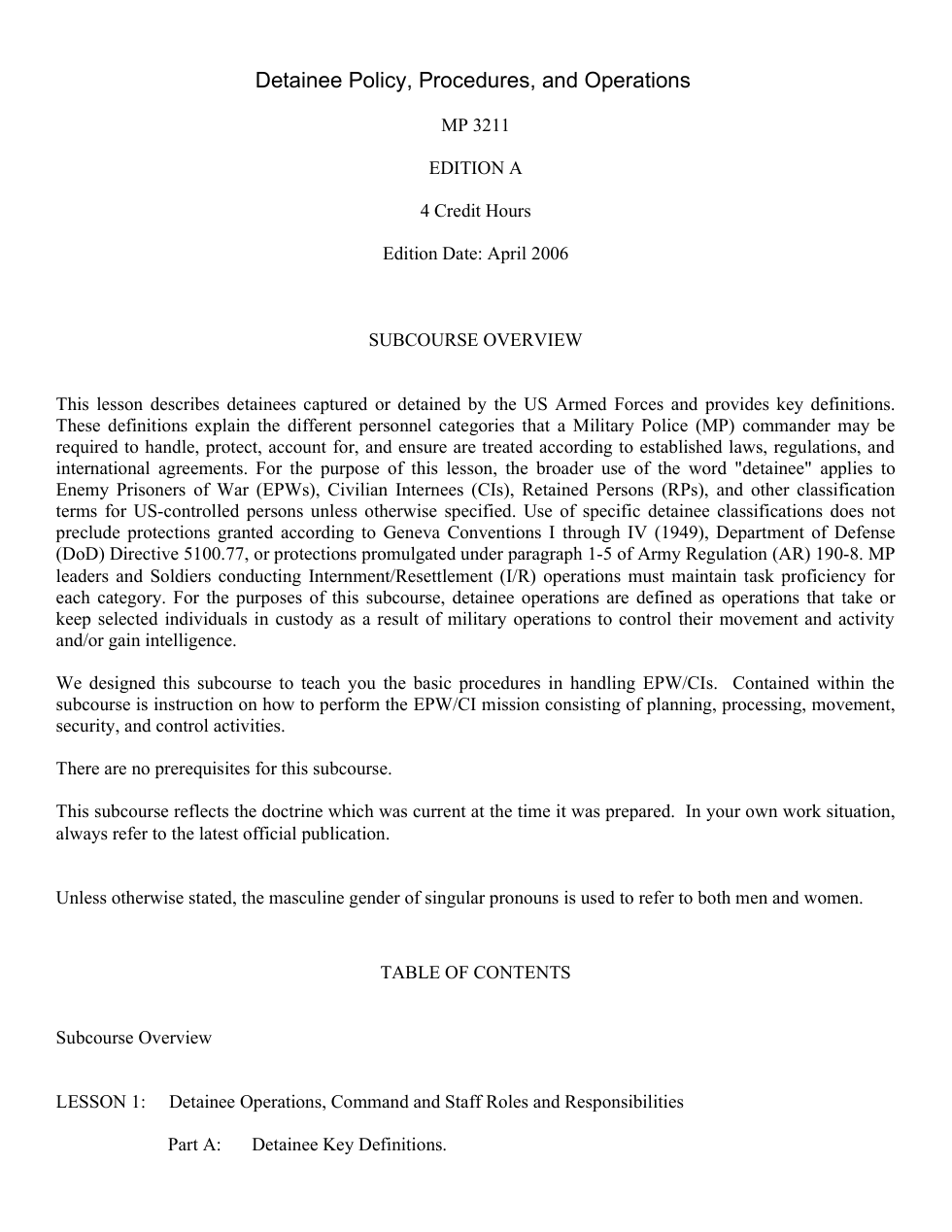 ARMY MP Detainee Policy, Procedures& Ops 2006 53 pages cover