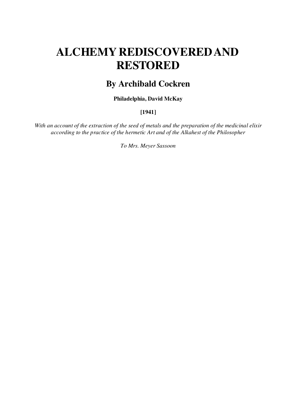 Alchemy Rediscovered Restored - A Cockren cover