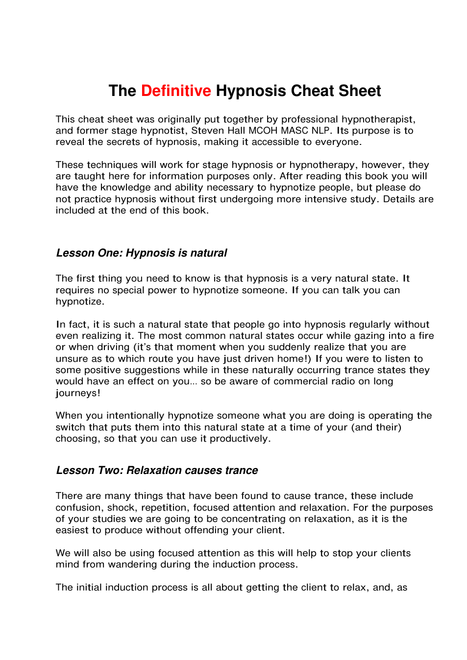 Definitive Hypnosis Cheat Sheet cover