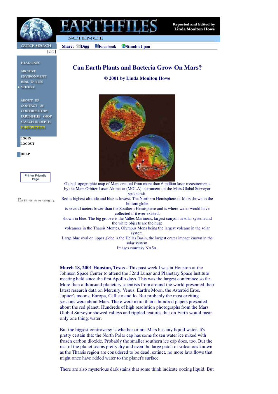 03 18 2001 Can Earth Plants and Bacteria Grow On Mars cover