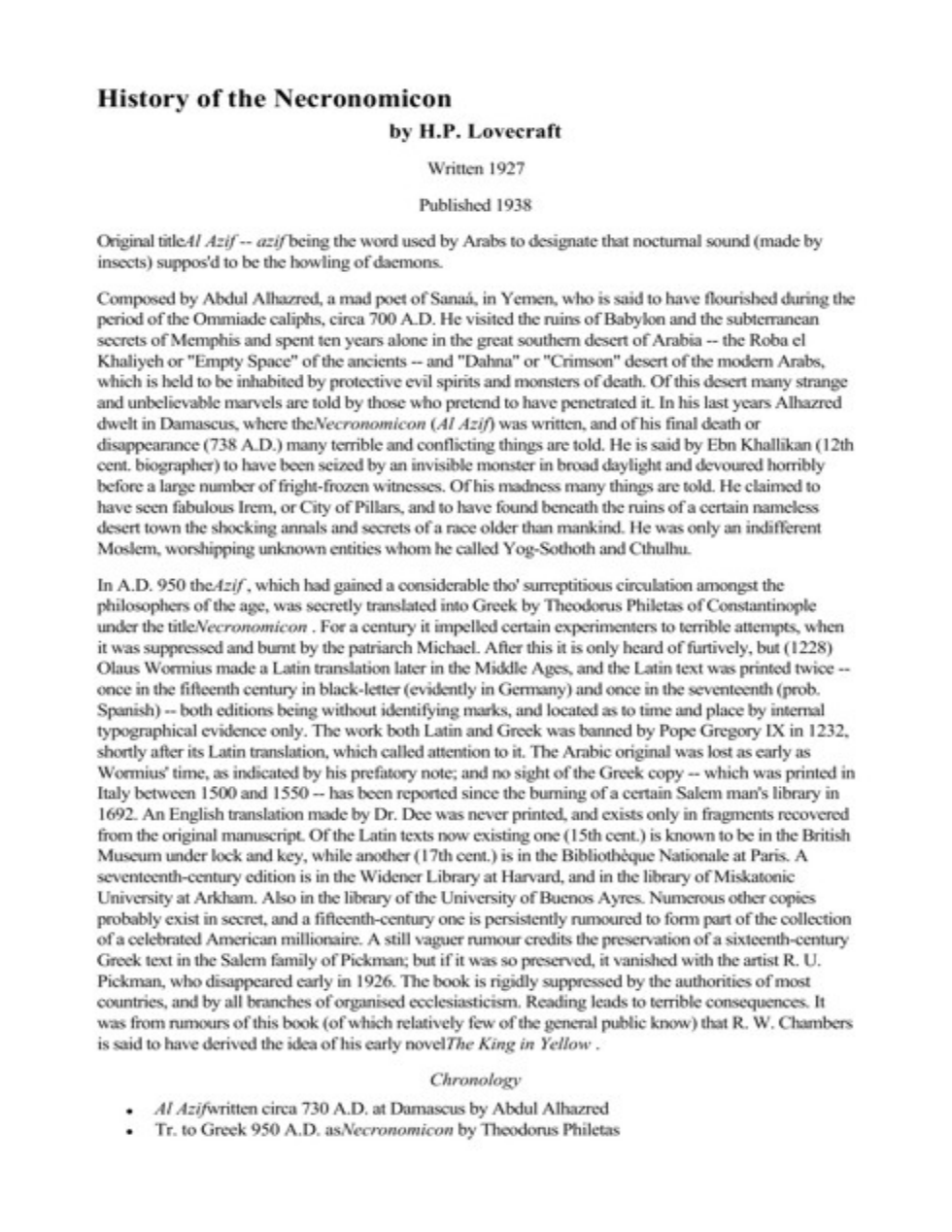 History of the Necronomicon - HP Lovecraft cover